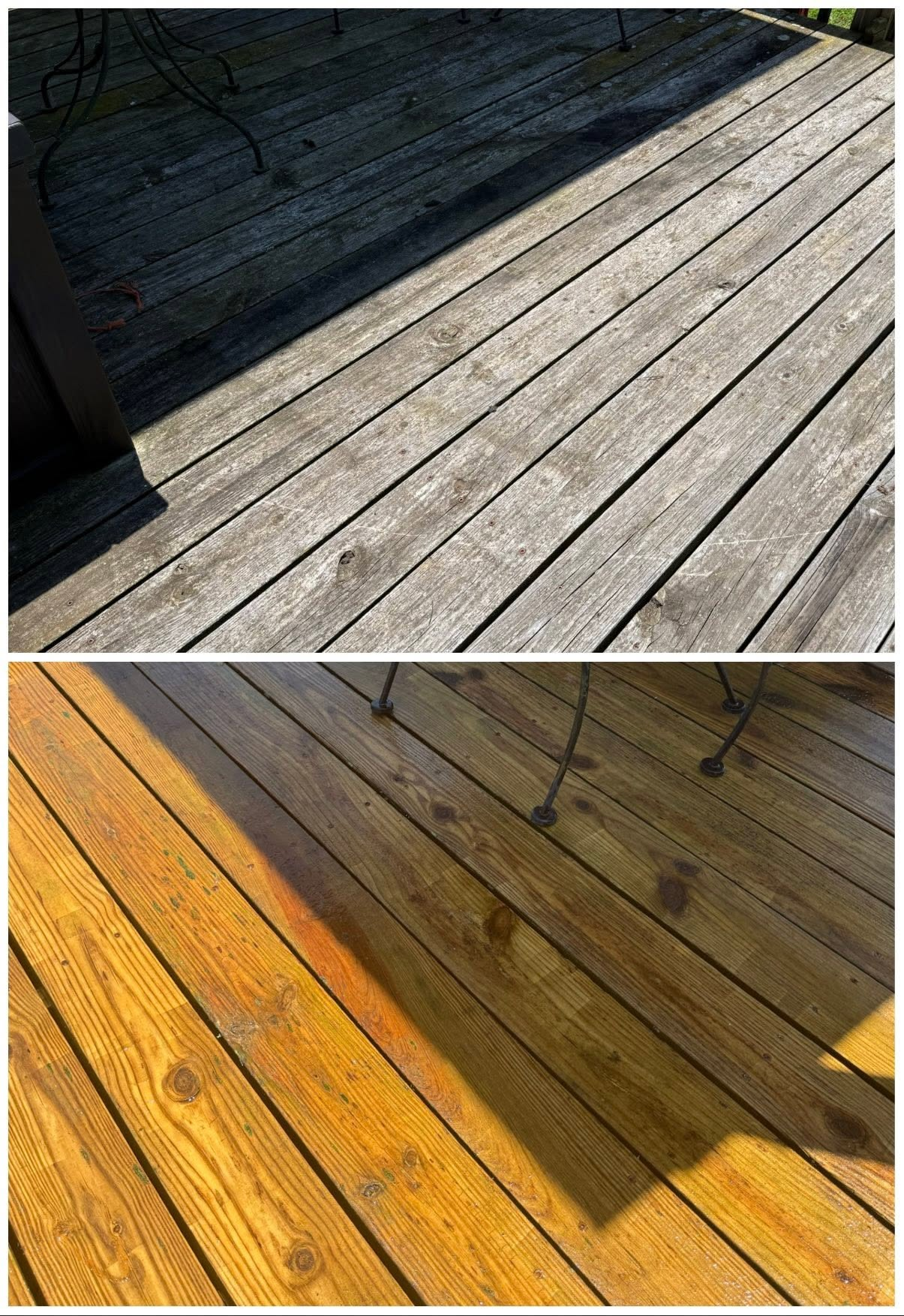 Wood deck before and after pressure washing, gray and weathered above, warm golden wood below