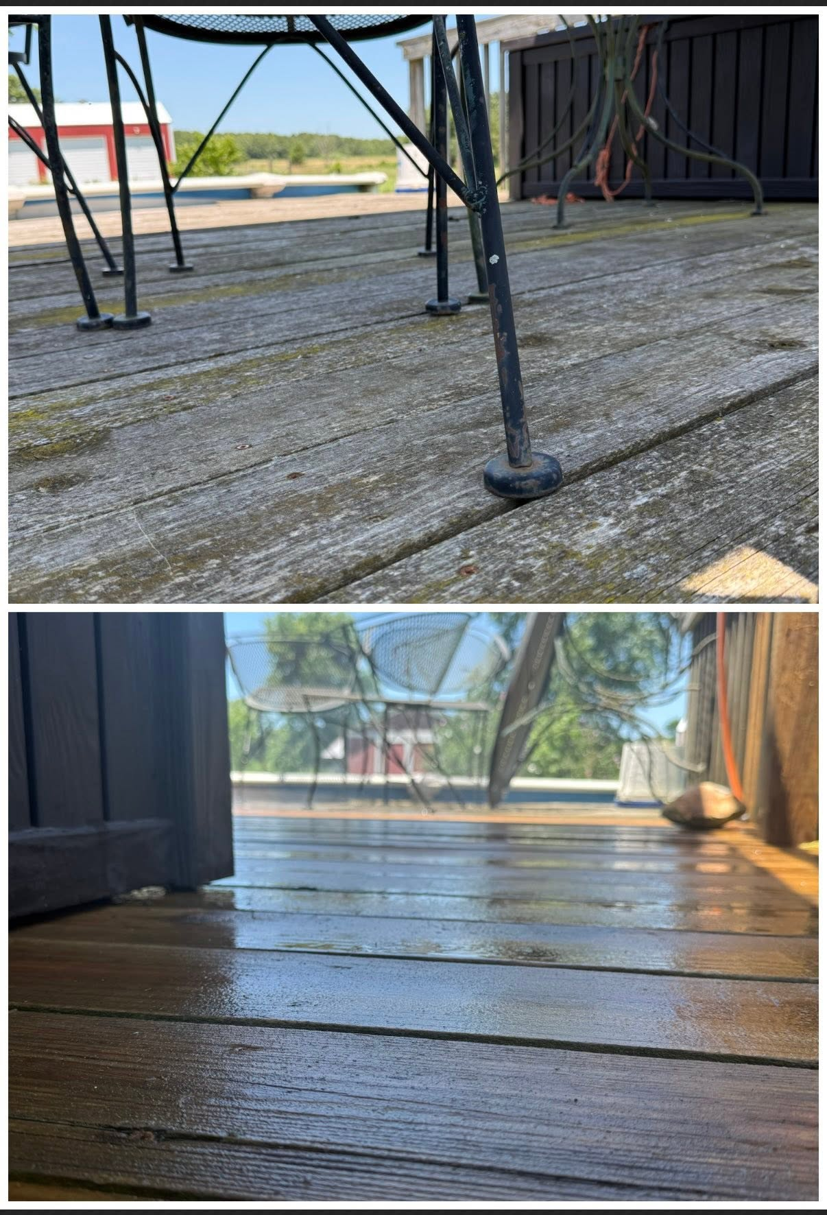 Close view of deck boards, weathered gray above and cleaned below